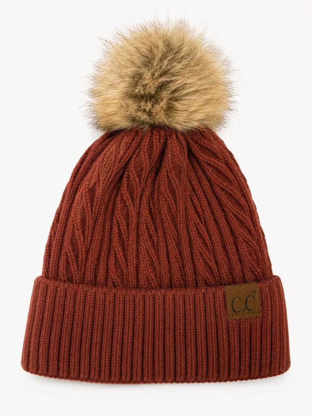 CC Exclusives CC Beanie 100% Acrylic Knit Winter Hat Faux Fur Pom-Pom Rust